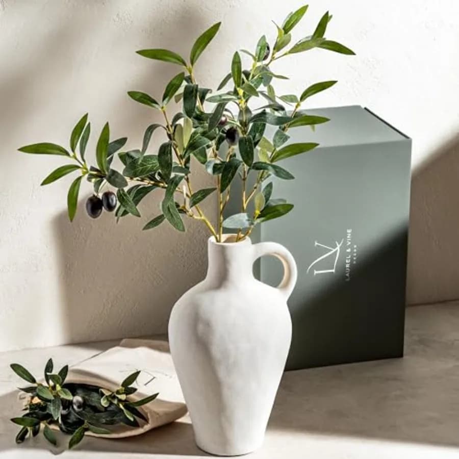 Set Regalo di Lusso: Vaso in Ceramica Texturizzata da 10 Pollici con Rami d'Ulivo, Vaso Medio Alto 22 Pollici, Topiari Artificiali, Piante Finte