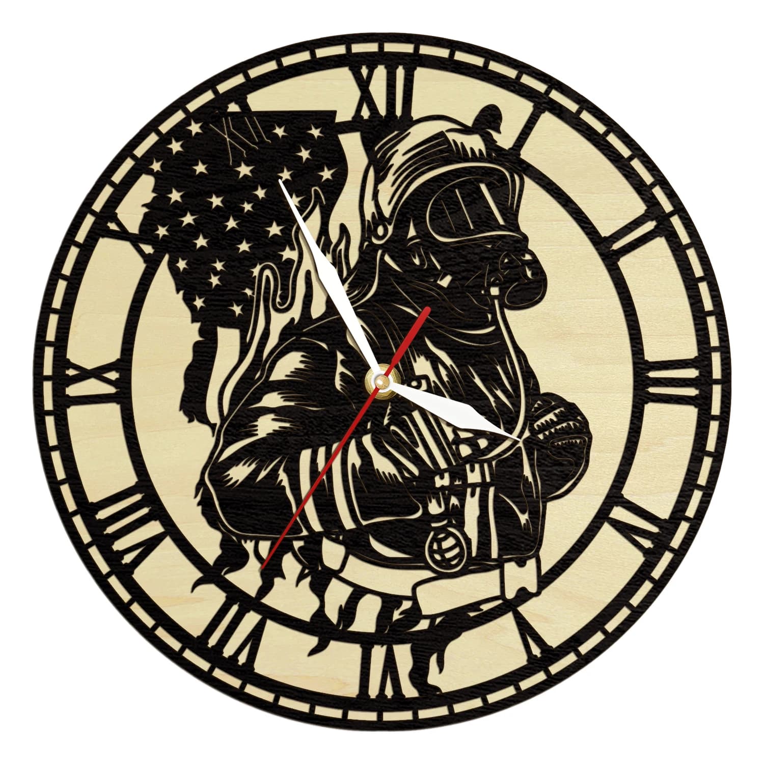 Wall clock with wooden frame for fireman, fire station, office, room, patriotic furniture, American flag, firefighters, natural wood watch