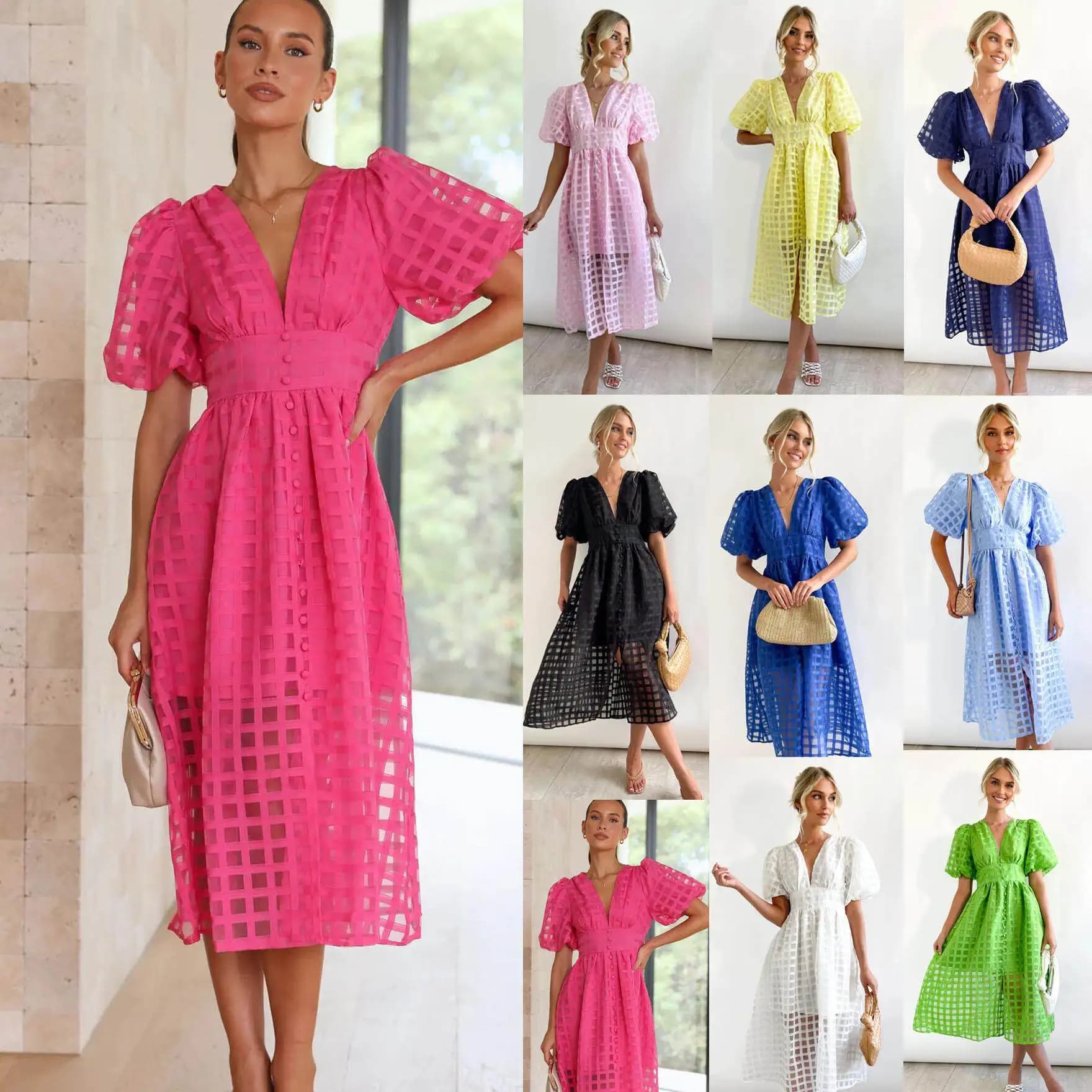Fashionable Multi-Color Lantern Sleeve Dress Casual Party Women's Dress Spring Summer New Arrival Short Sleeve China Made