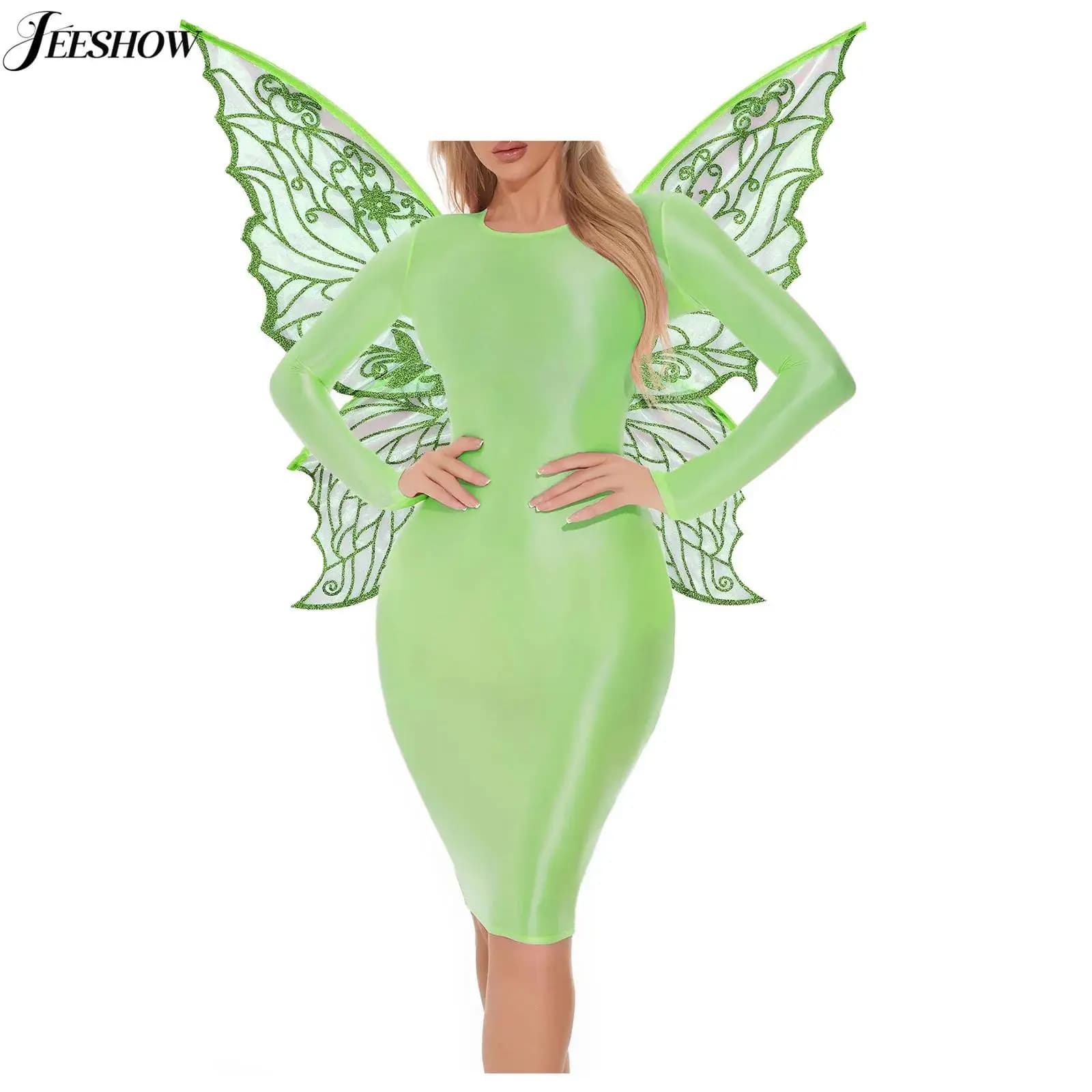 Womens Elf Fairy Costume 2 Piece Outfits Shiny Glossy Long Sleeve Pencil Dress with Butterfly Wings for Halloween Theme Party
