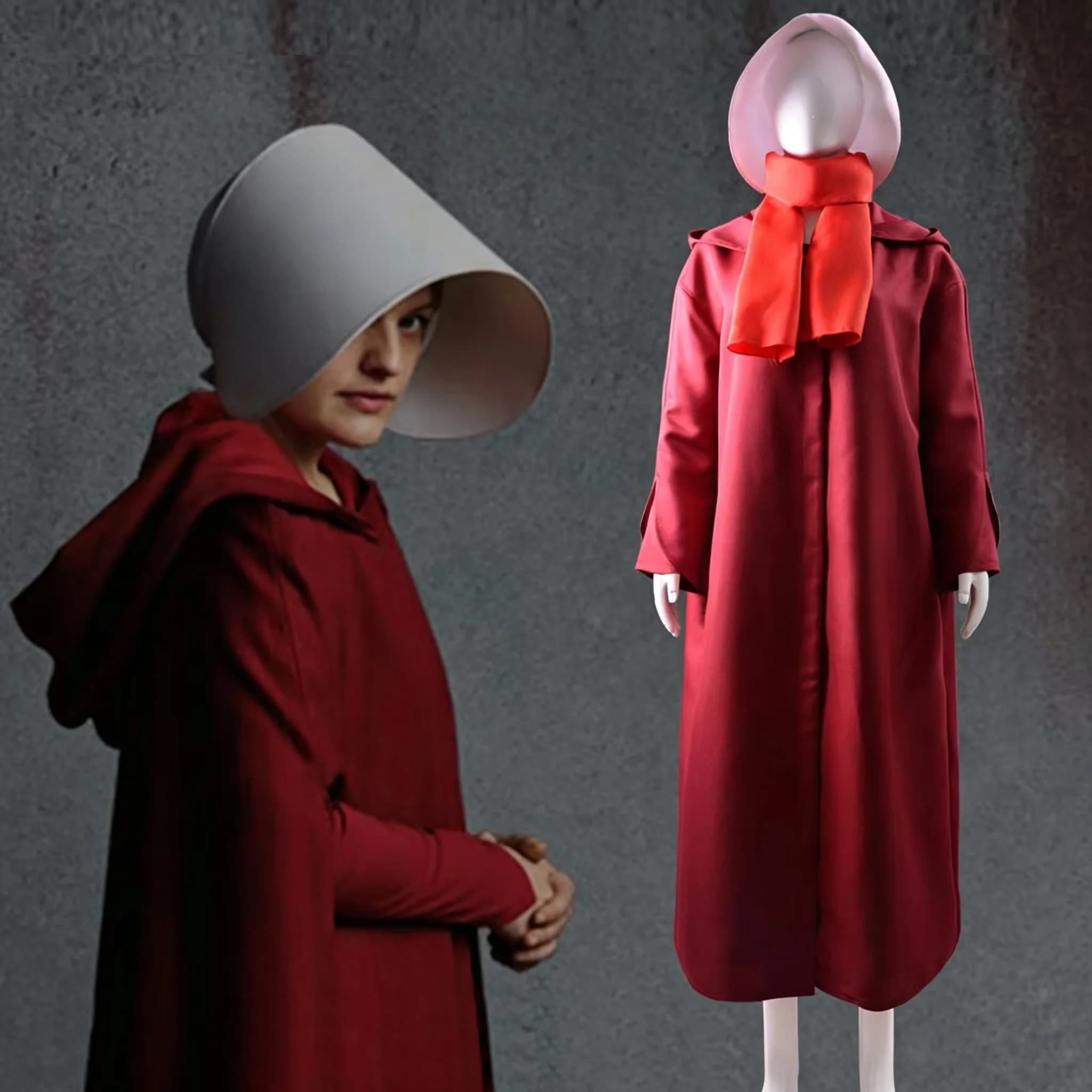 he Handmaid's Tale Cosplay Costume Handmaid Offrod Woman Red Cloak Dress Scarf White Hat Set Halloween Party Accessories