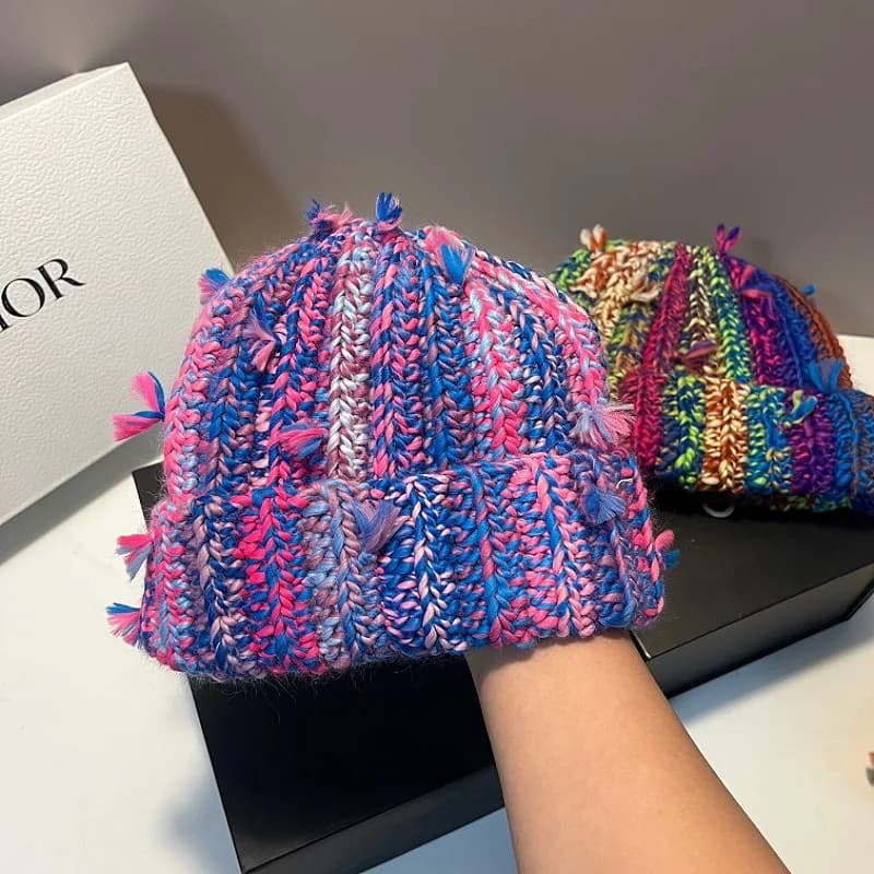 Niche Colored Fringed Wool Beanie Hat Women's Autumn Winter Japanese Warm Ear Protection Contrasting Knitted Pacifier Hat