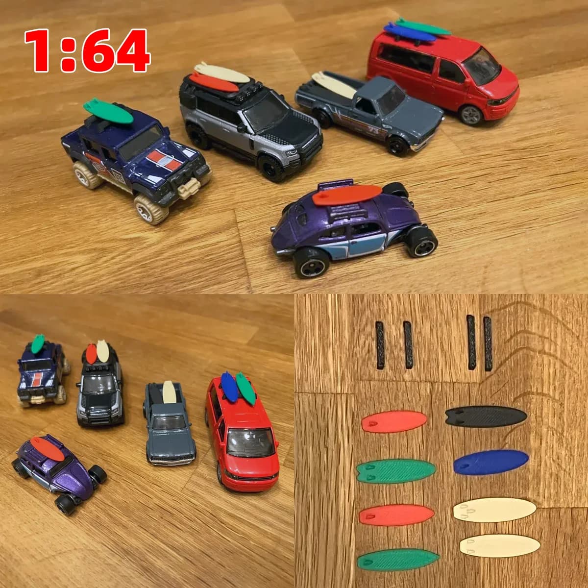 Portapacchi per auto per tavole da surf e longboard, modello di auto, ricambi auto, tavolo di sabbia, diorama, kit modellino in scala 1/64 per auto, camion, auto da corsa