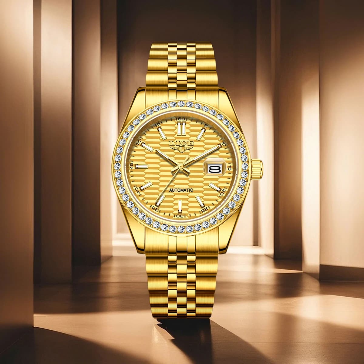 Orologio da Uomo LIGE con Quadrante Semplice e Movimento Automatico, Cinturino Classico in Acciaio Inossidabile, Orologio Meccanico di Lusso con Display Data