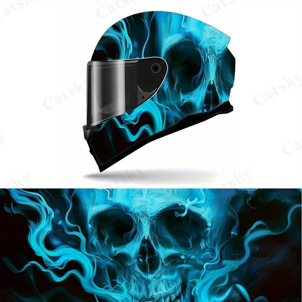 Adesivo per casco da motociclista con teschio di fiamma blu: PVC resistente, schermo con effetto fiamma di luce blu super cool, aggiungi un'atmosfera misteriosa