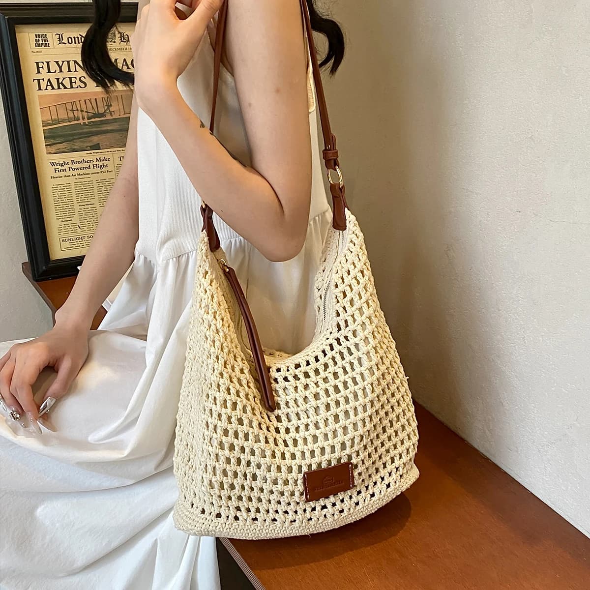 Borsa tote in paglia Borsa a tracolla da donna 2025 Nuova borsa da spiaggia intrecciata estiva Borsa cava da donna Vacanza al mare Viaggi Shopping fatto a mano Pendolarismo Shopping Scuola