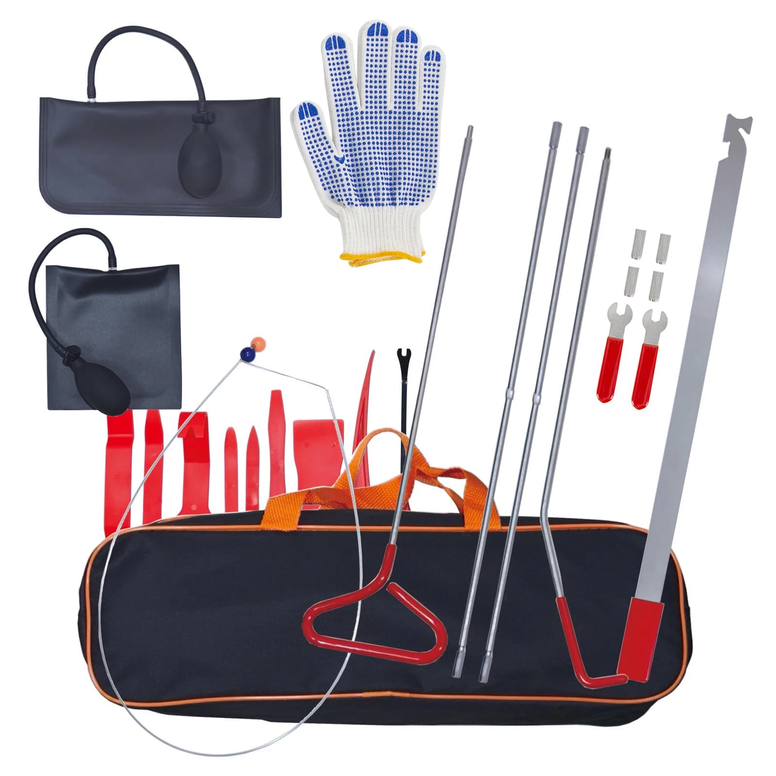 18Pcs Car Door Opening Tool Kit Professional Automotive Lock Out Emergency Unlock Tools Long Reach J-Hook Rods Air Wedge Pump Bag Plastic Trim Pry Tools with Storage Bag & Protective Gloves for Vehicle Door Window Repair