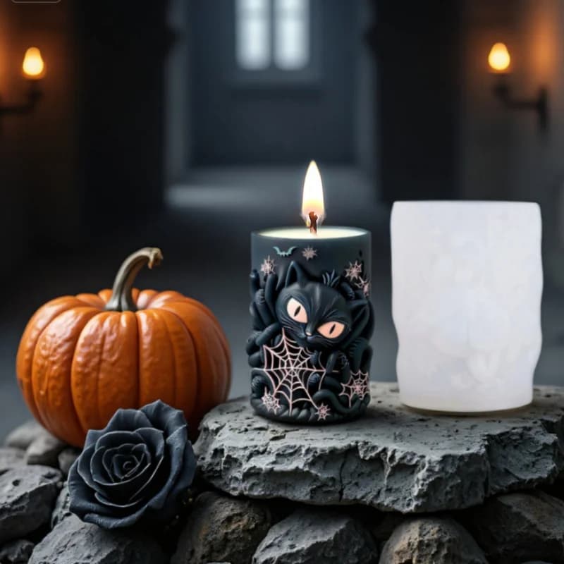 Stampo in silicone per candela cilindrica con gatto nero in rilievo fai-da-te Stampo per candela per aromaterapia con ragno scuro di Halloween Decorazione per feste in resina di gesso