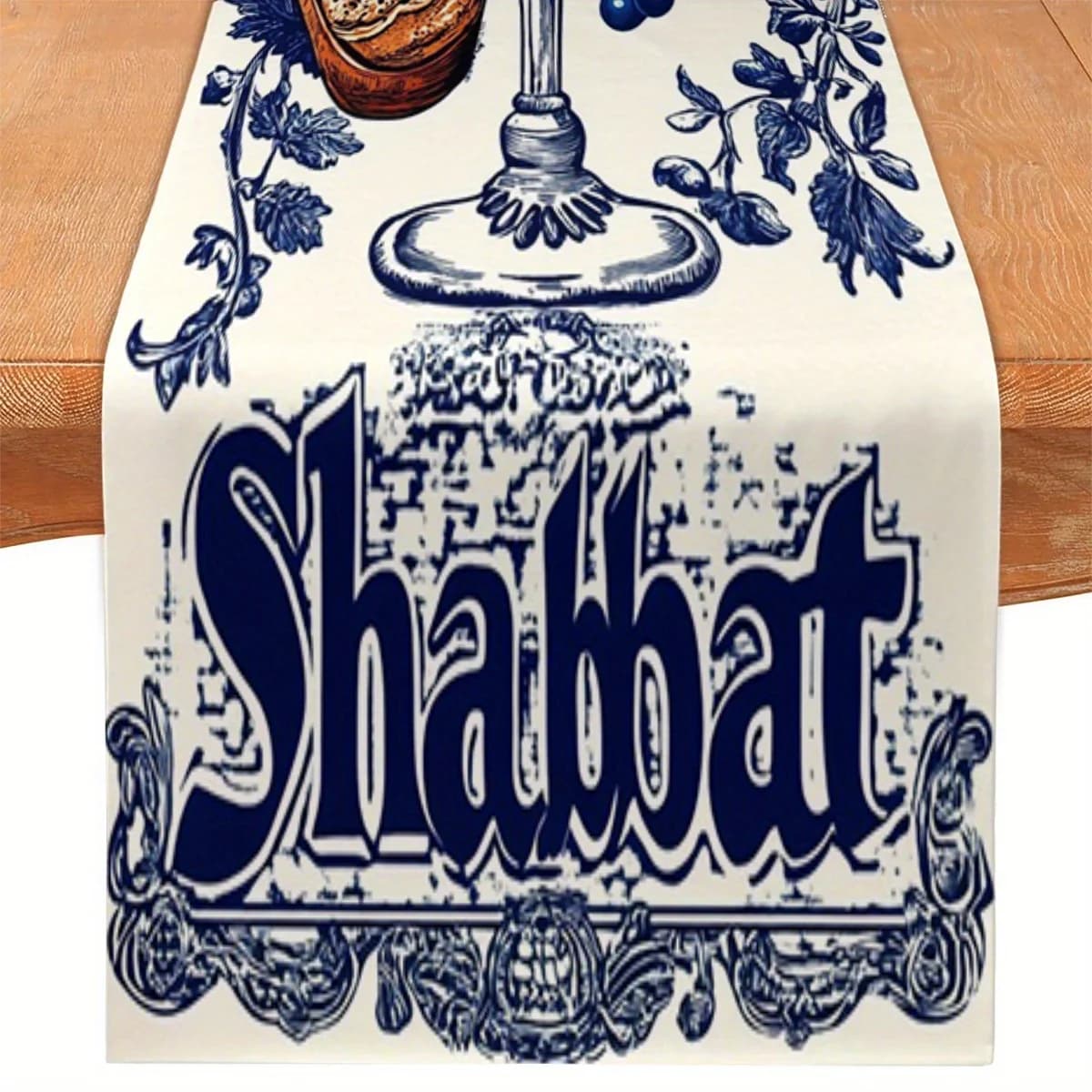 1pc, Table Runner, Tablecloth, Home, Kitchen, Restaurant, Table Additions, Tableware, Table Fabric, Shabbat-Themed Table Flag, with Depictions of Wine Glass, Kiddush Cup, Challah Bread, Grapes And Hebrew Elements