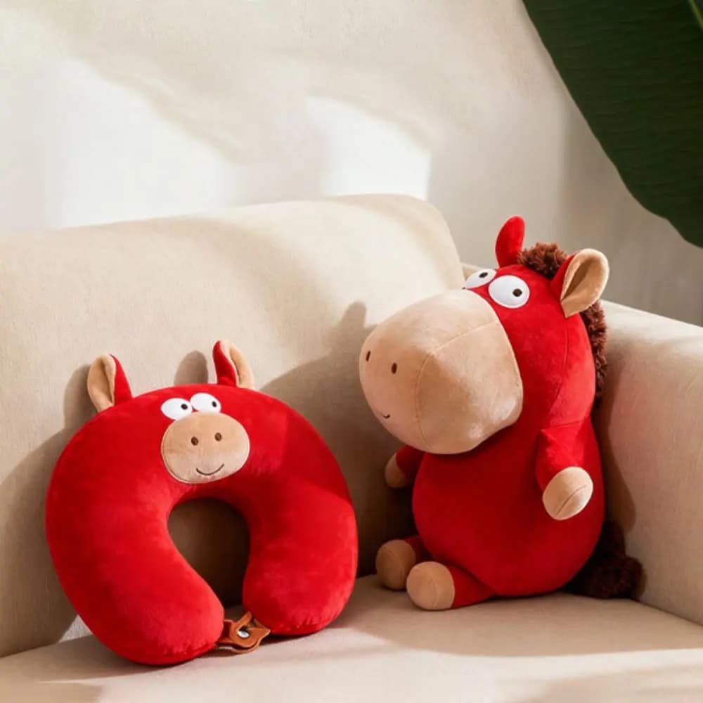 Supporto per il collo 2 in 1 Cuscino deformabile a forma di U per cavallo Cuscino per il collo con particelle di schiuma delicato sulla pelle Morbido cuscino da viaggio per cartoni animati all'aperto