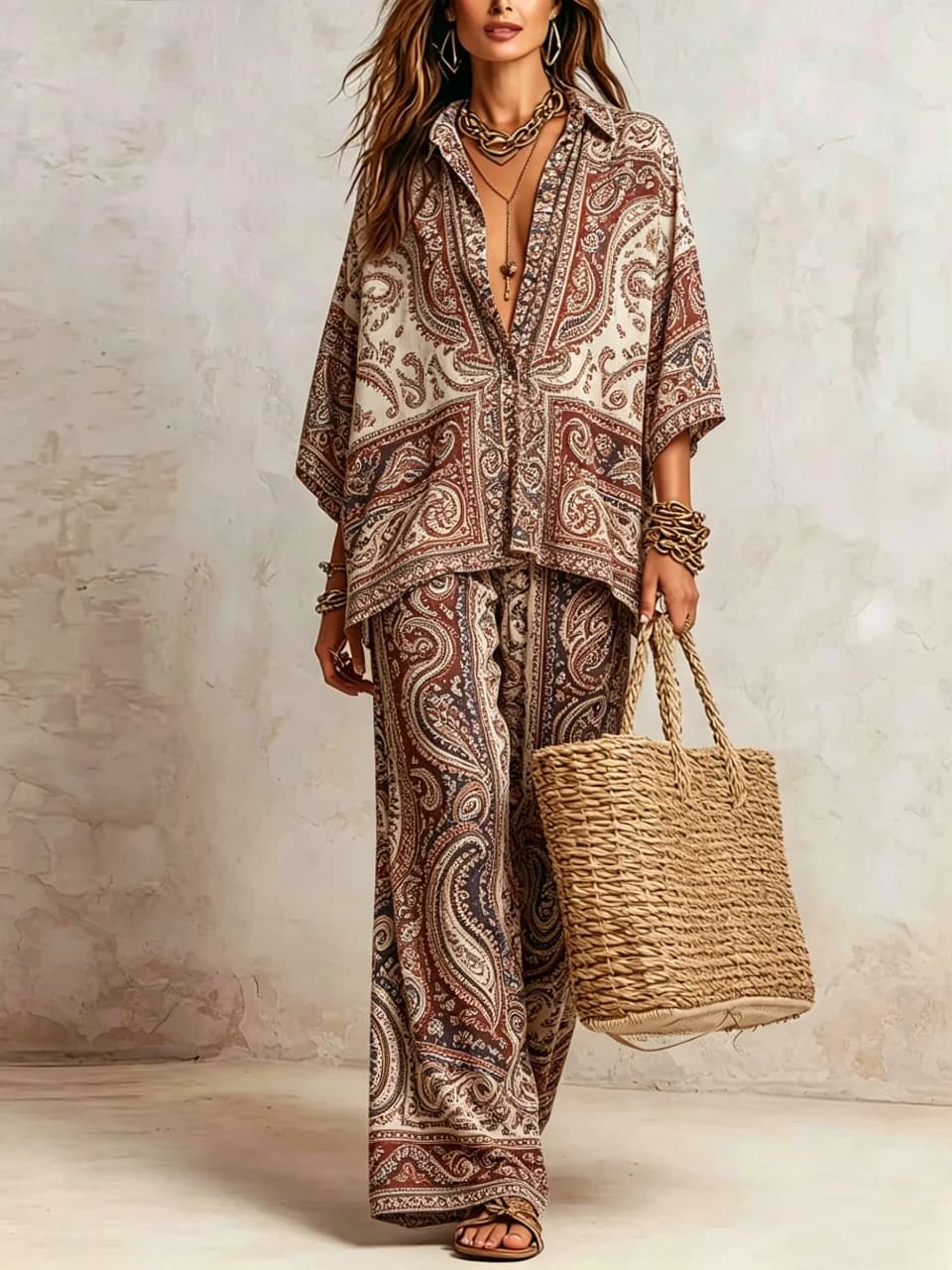 Boho Paisley Print 2 Piece Set Women Summer Lapel 3/4 Sleeve Shirt Top & Wide Leg Pants Streetwear Casual Loose Trousers Suit