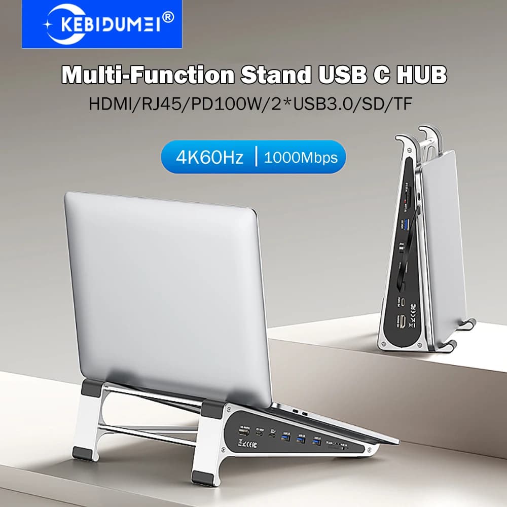 KEBIDUMEI Docking Station 7-in-1 per Laptop, Hub USB C con Supporto, Adattatore TYPE-C a HDMI 4K60Hz e Ethernet Gigabit 1000Mbps