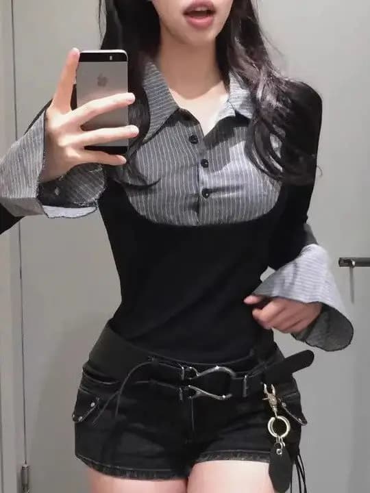 Elegant Long Sleeve Women's Base Shirt Inner Wear Contrast Color Splicing Slim Fit Design Sense Autumn Winter Top Blouse
