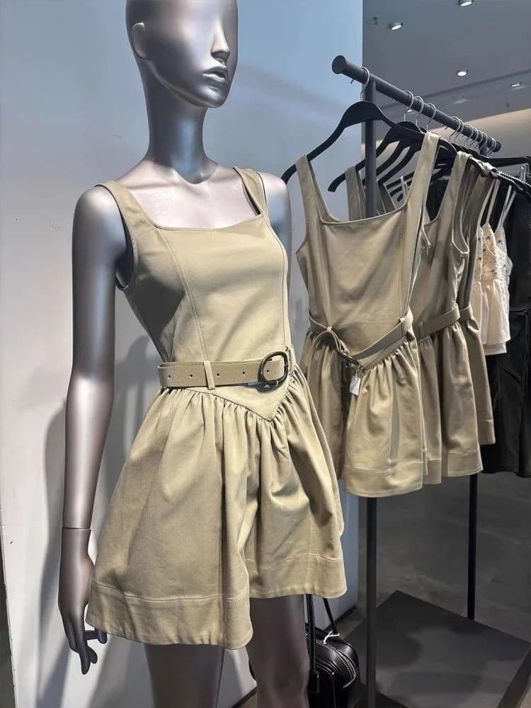 Retro American Luxury Belted Folded Strap Dress Women's Summer New Slimming Waist Dress Polyester Fabric Casual Wear