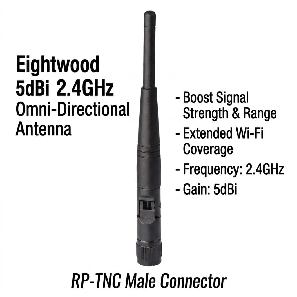 Eightwood 5dbi 2.4GHz Antenna WiFi RP-TNC Maschio per Stazioni totali robotiche Trimble Router Linksys WAP11 WRT54GL WRT54GS WAP54G