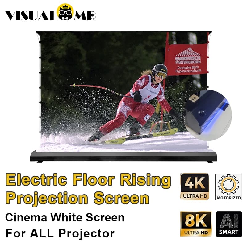 Schermo di proiezione in aumento del pavimento elettrico bianco del Cinema recentemente aggiornato Tab-tensionato 4K/8K motorizzato 72-120 pollici per tutti i proiettori