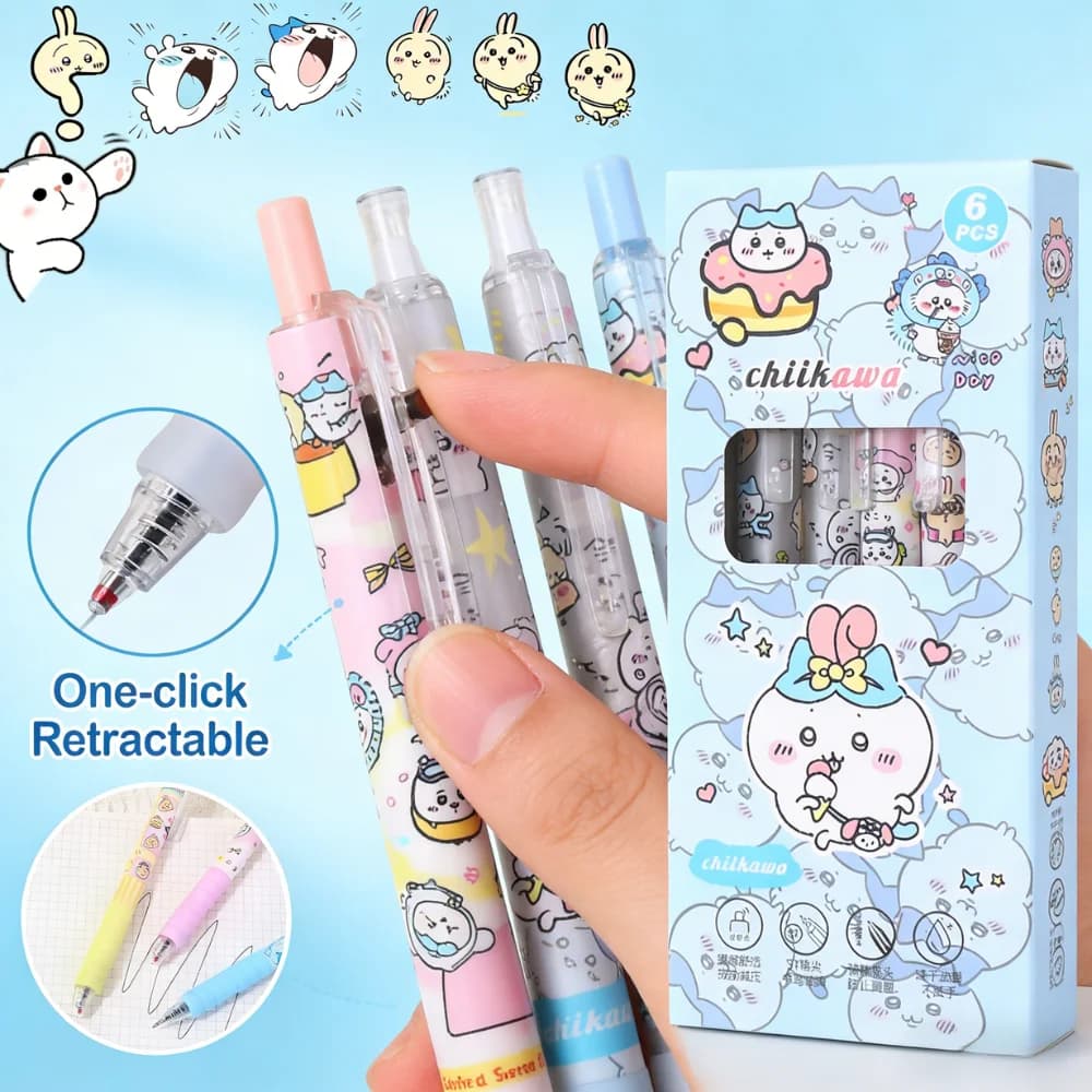 Penna gel Chiikawa 6 pezzi, articolo molto venduto, penne a sfera nere Kawaii, strumento di scrittura a forma di cartone animato per studenti, articoli per ufficio e scuola, regalo di cancelleria.
