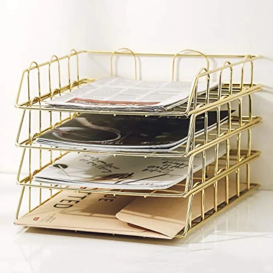 Organizzatore da Scrivania a 4 Livelli Impilabile, Portadocumenti Decorativo per Ufficio, Portaoggetti in Metallo per Documenti e Lettere
