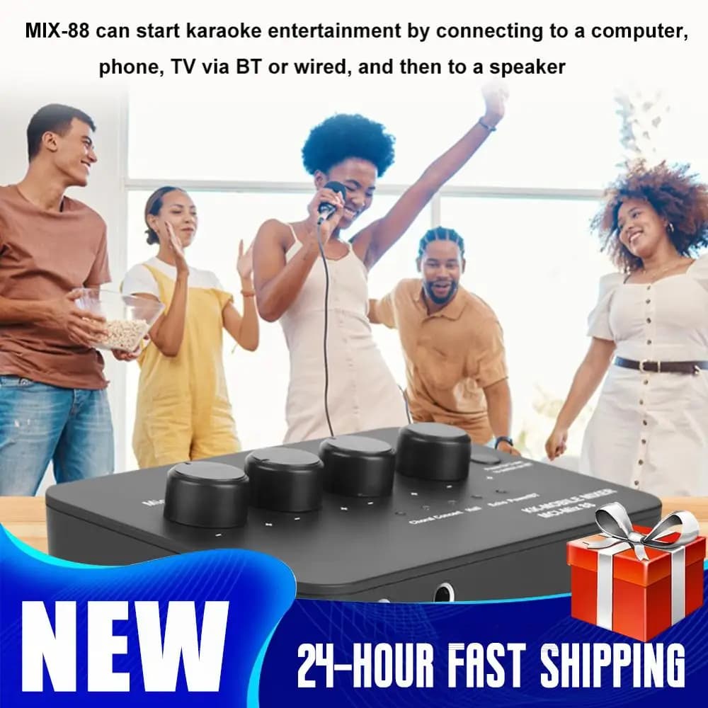 Digital Audio Sound Karaoke Machine 3.5mm AUX BT Connection Dual Mic Inputs Karaoke Sound Mixer for Karaoke Smart TV PC Speaker