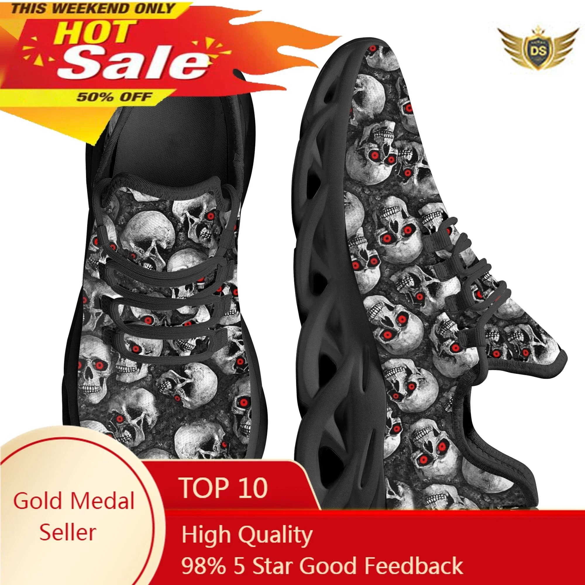 Scarpe basse da donna con motivo teschio fresco, comode sneakers casual stringate per donna, sneakers con piattaforma leggera Zapatos