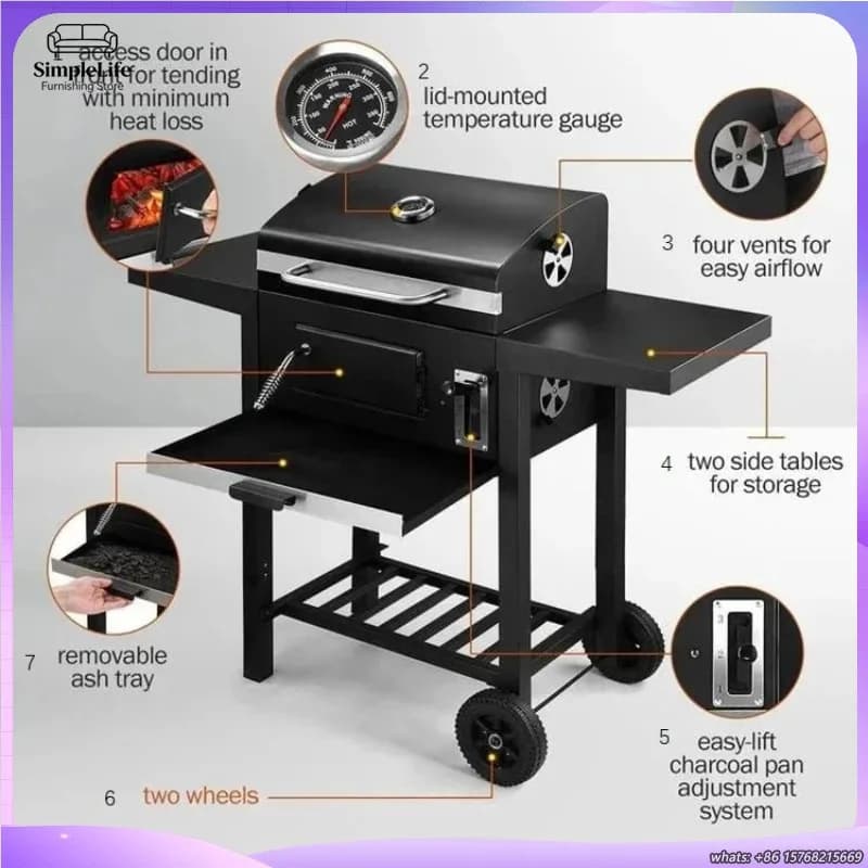 Grande Griglia a Carbone con Affumicatore, Barbecue Portatile per Campeggio e Giardino, con Ruote, Resistente, per Feste in Casa