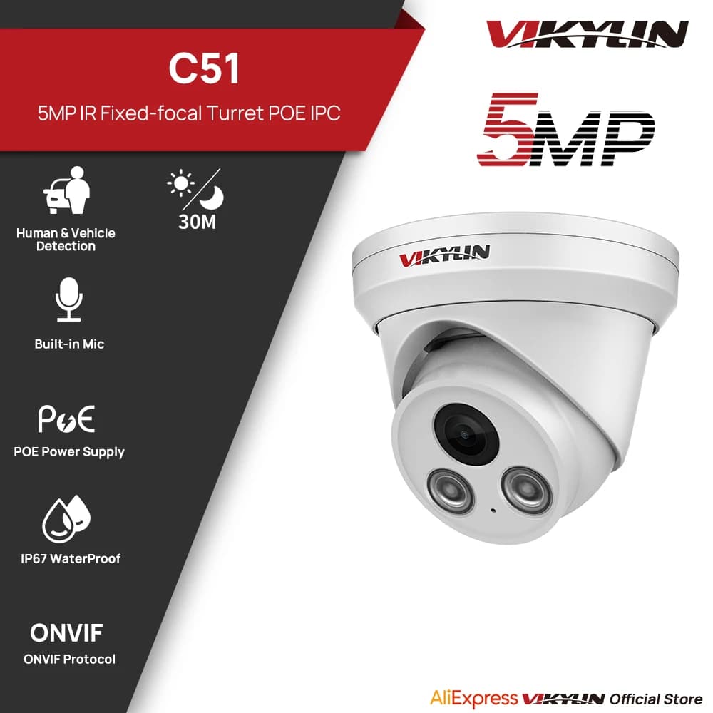 VIKYLIN 5MP IR Light IP Camera Outdoor POE H.265 Onvif Wide Angle 2.8mm AI Humanoid Detection Home CCTV Surveillance Camera