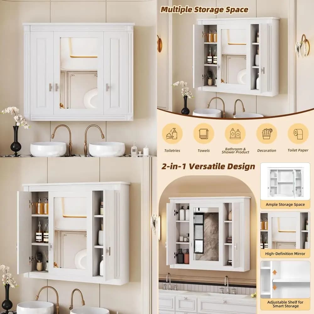 Armadietto a Specchio Bianco da Parete 35 x 29 con Porta e Ripiani per Bagno
