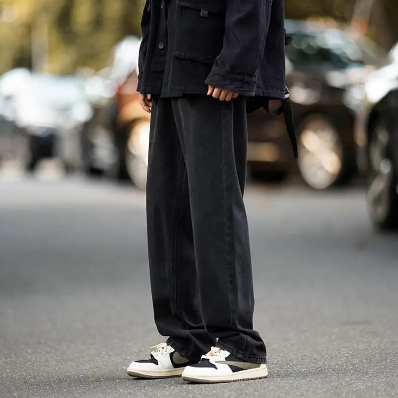 Black Wide Leg Men's Jeans Retro Loose Fit Spring Autumn Straight Leg High Street Hip Hop Trousers Durable Wear Resistant