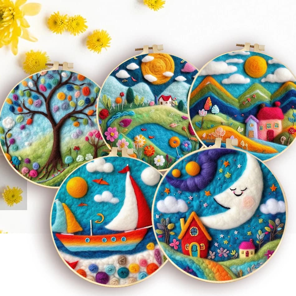 Kit Fai-da-Te per Pittura in Feltro di Lana, Paesaggio, Ricamo in Lana, Quadro Artigianale con Cornice 20x20cm, Regalo per la Mamma