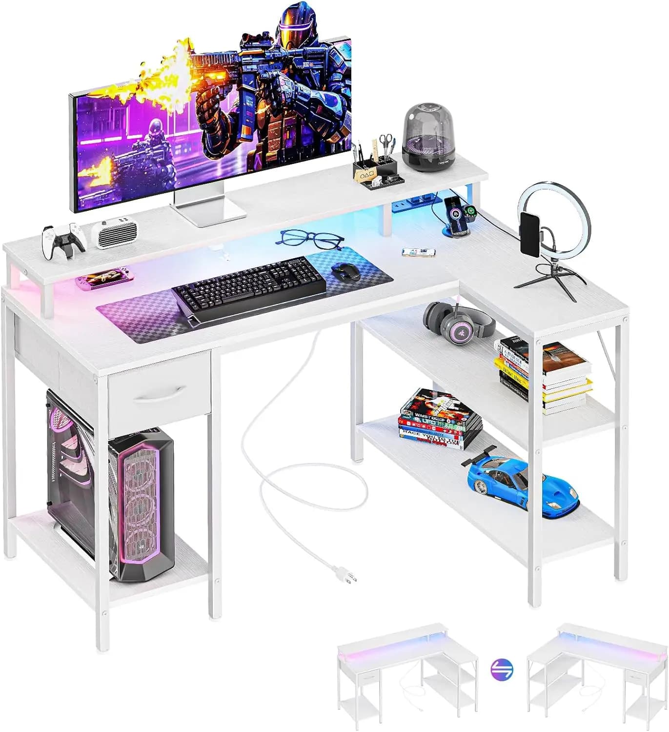 Gaming Desk Wood 47" Reversible, with Power Outlets, with LED Lights, with Monitor Stand All Seasons White