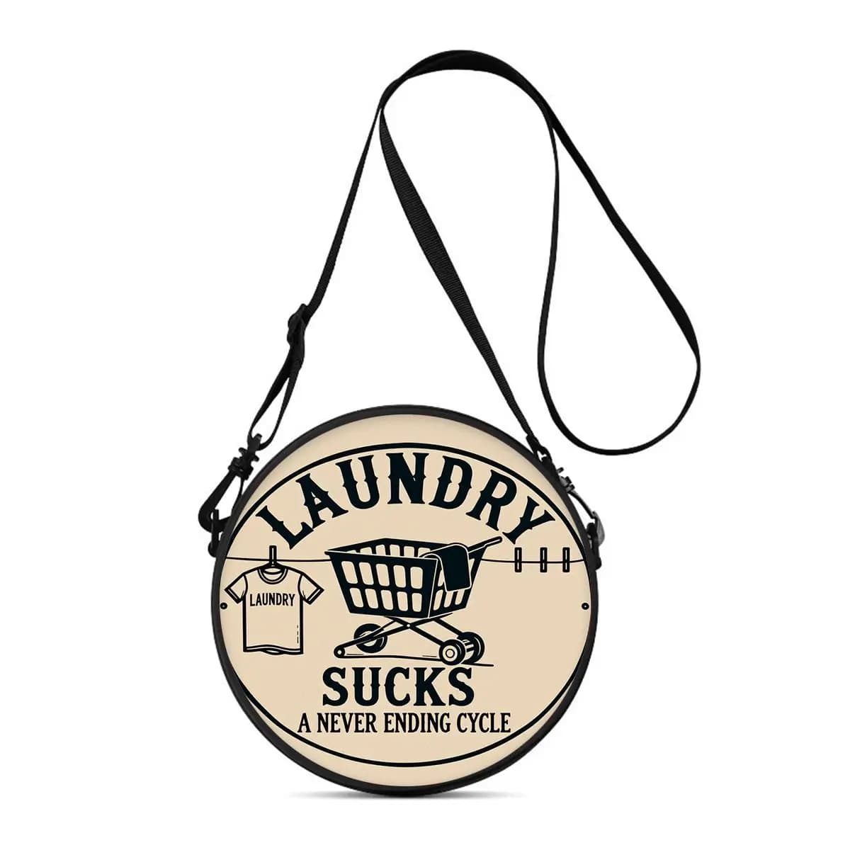 Funny Laundry Humor Print Women Round Crossbody Bag Vintage Circle Shoulder Bag Adjustable Strap Travel Messenger Bag Gift