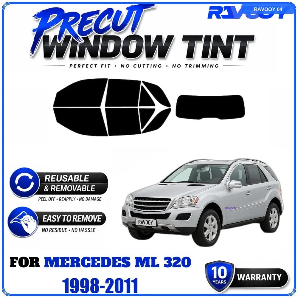 RAVOOY Precut Window Tint, Reusable Removable EPU Film, Custom Fit for Mercedes ML 320 1998-2011, UV Heat Protection