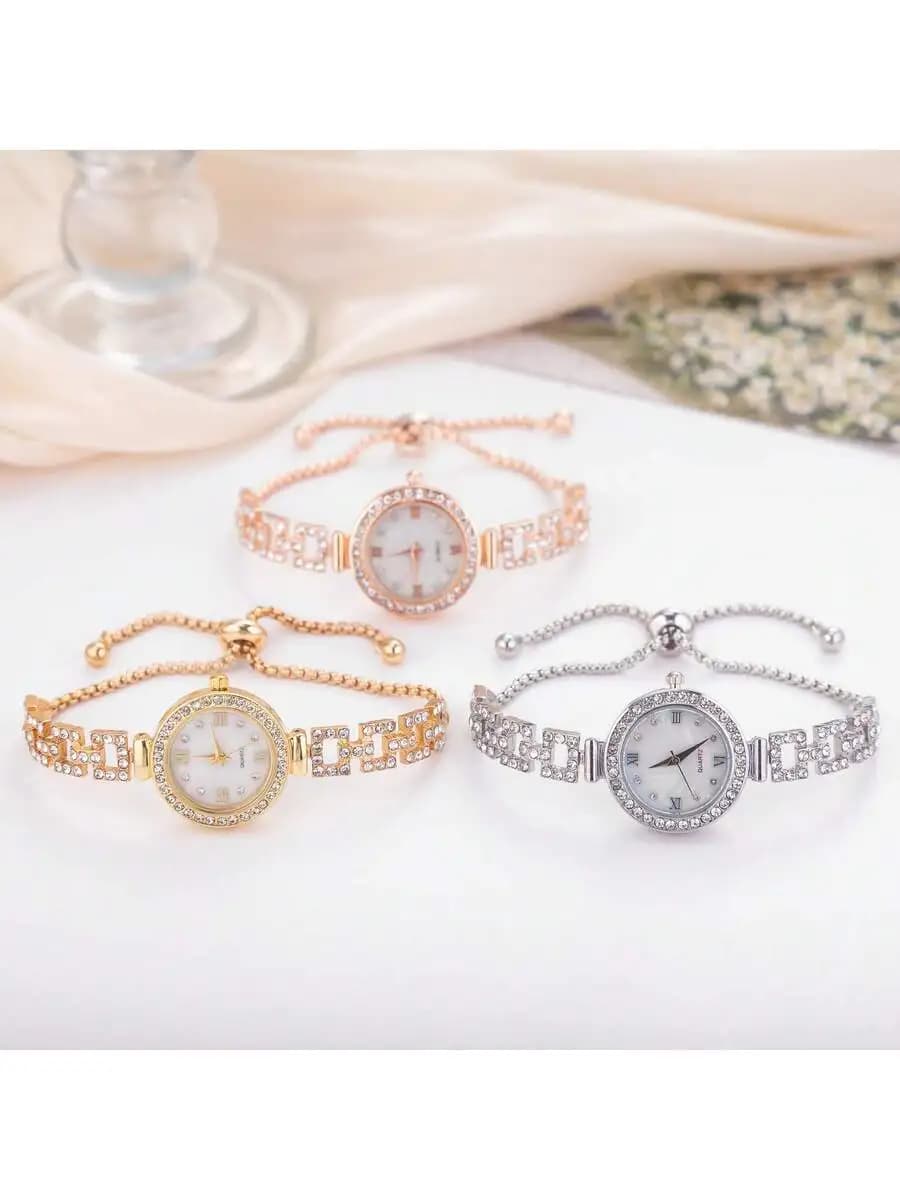 Orologio da Polso da Donna alla Moda con Quadrante Rotondo, Cristalli e Strass, Orologio al Quarzo in Lega con Bracciale Regolabile