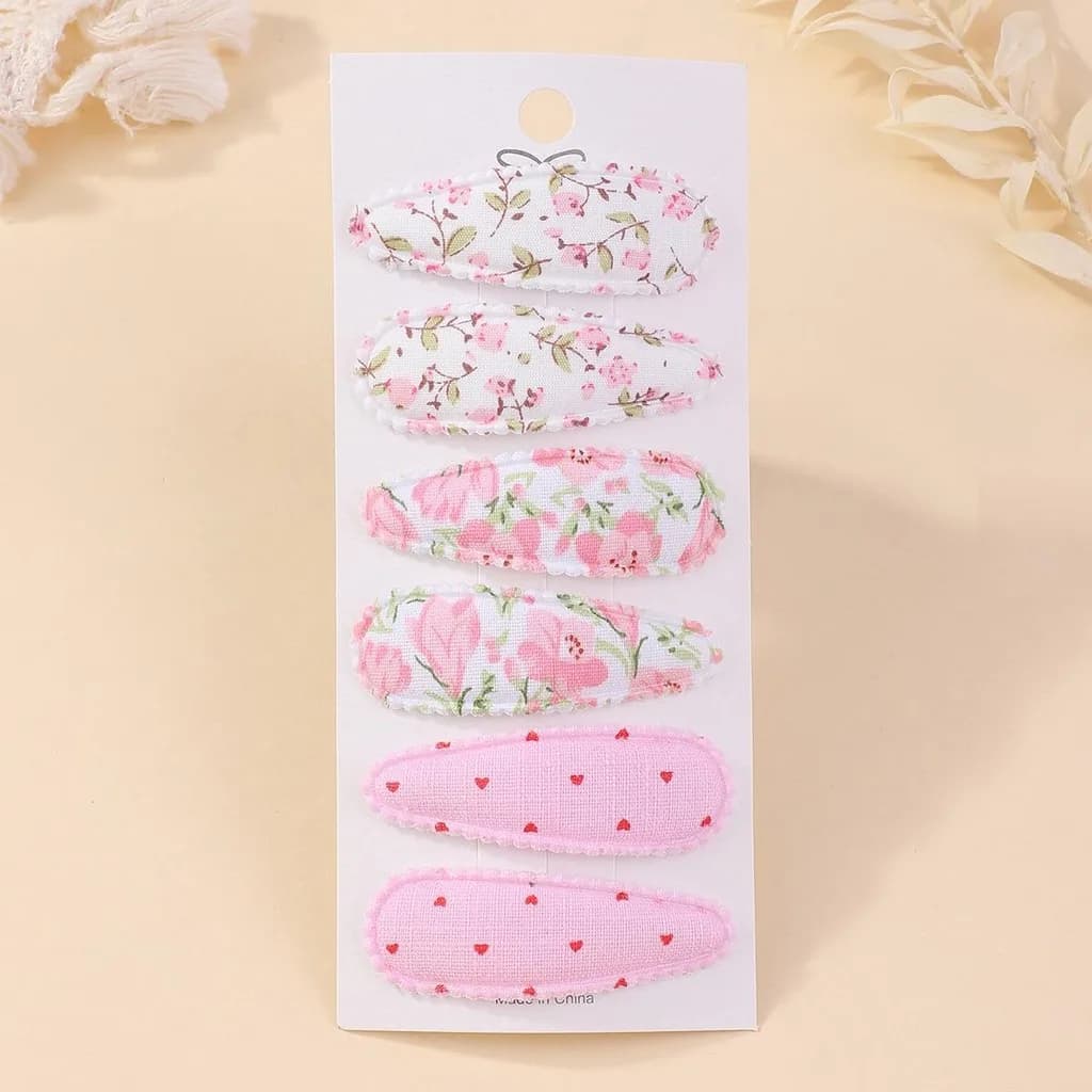 6 pz/set Carino Ins Fiore Stampa In Lega di Cotone Arco Dei Capelli Snap Pinze Set Tessuto Plaid Forcelle Hairgrips Ragazze Copricapi Accessori