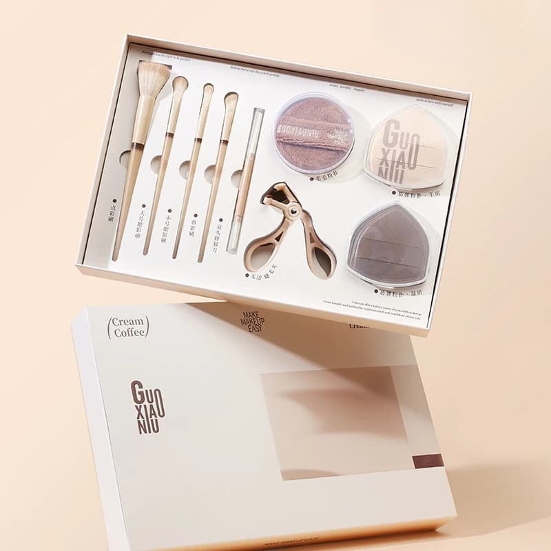 GUOXIAONIU Set di Strumenti per il Trucco in Scatola Piccola, Spugnette per Polvere Secca e Umida, Pennello per Ombretto e Contorno, Piegaciglia, Set di Strumenti Cosmetici