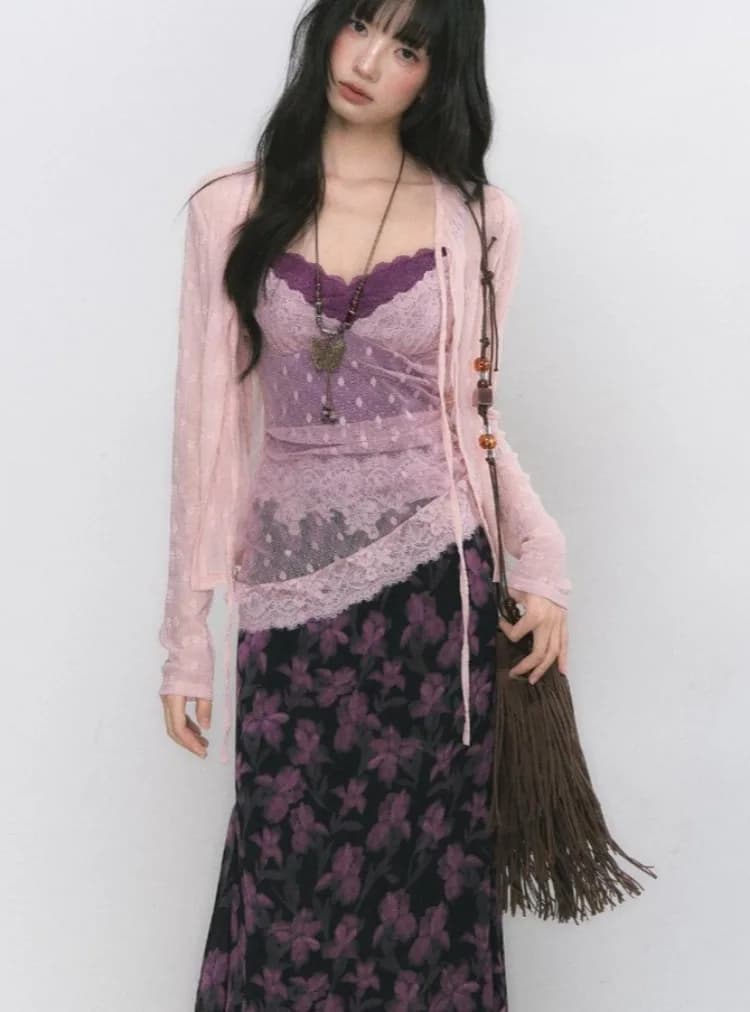 Dolce set da 3 pezzi cardigan con fasciatura in pizzo con protezione solare da donna + gilet slim fit patchwork + gonne a fiori vintage abiti Y2K