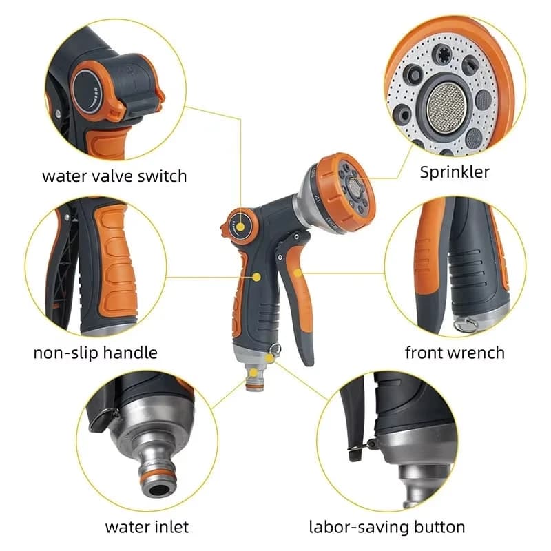 Hose Water Spray Gun Adjustable Car Wash Hose Garden Spray Portable High Pressure Gun Sprinkler Nozzle 8 Pattern Water Jet