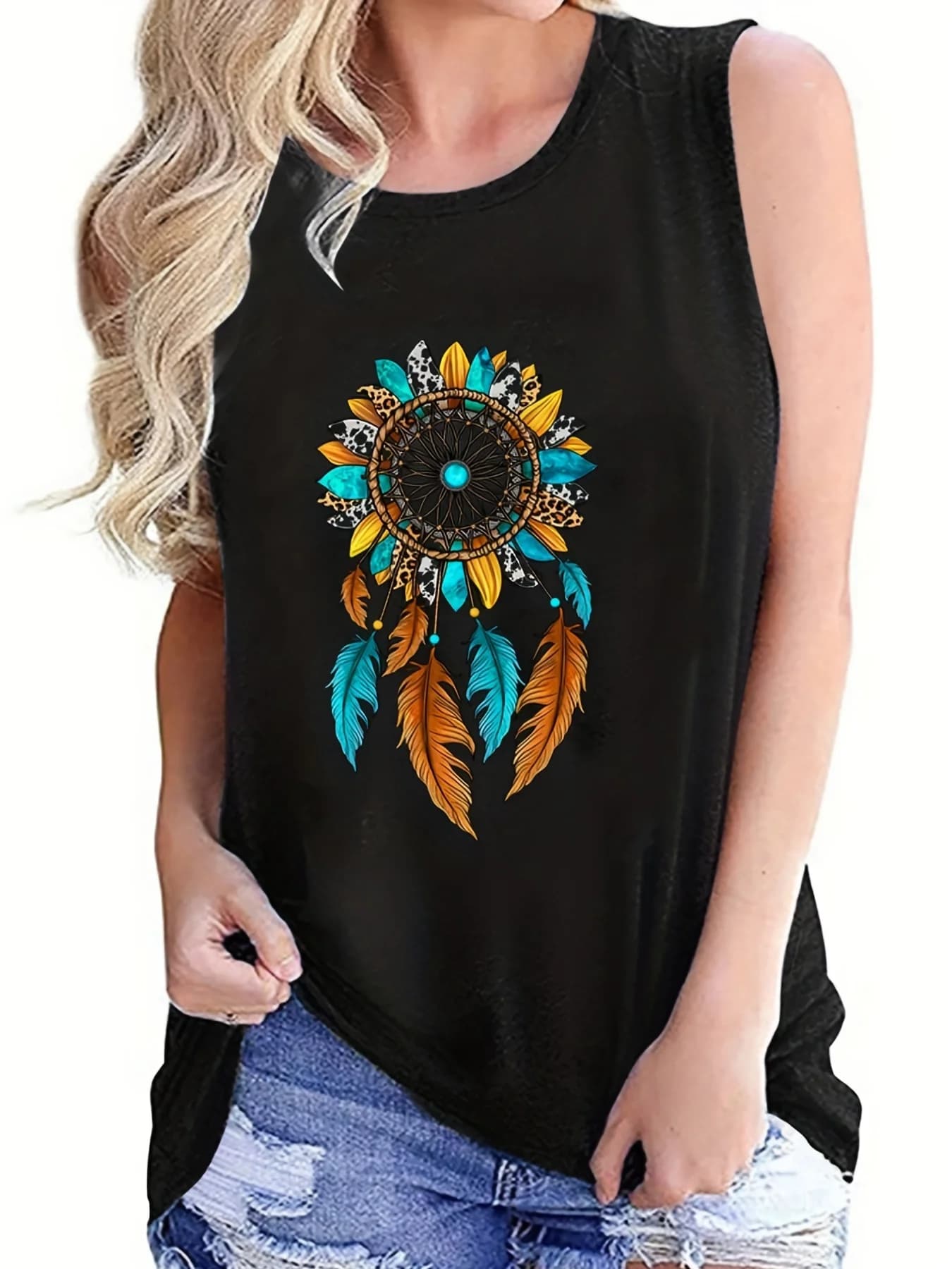 Summer women's loose and personalized dream catcher mesh printed sleeveless vest top T-shirt comfortable sleeveless sweater