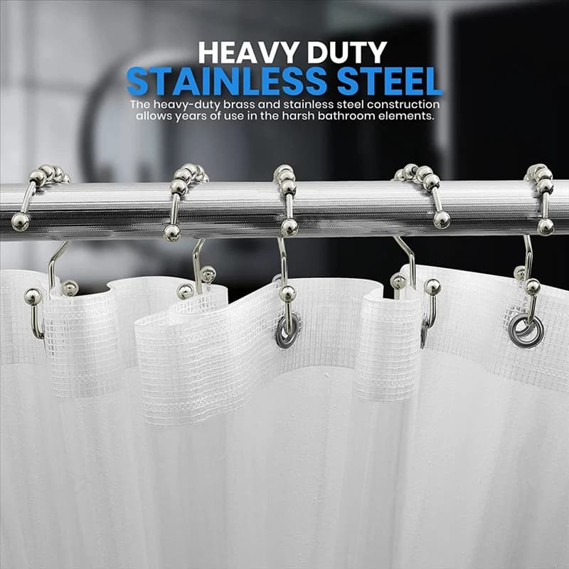 A45I Shower Curtain Hook Ring, Rust-Proof Metal Double-Roll Sliding Shower Hook, for Shower Curtain , Set of 12 Nickel