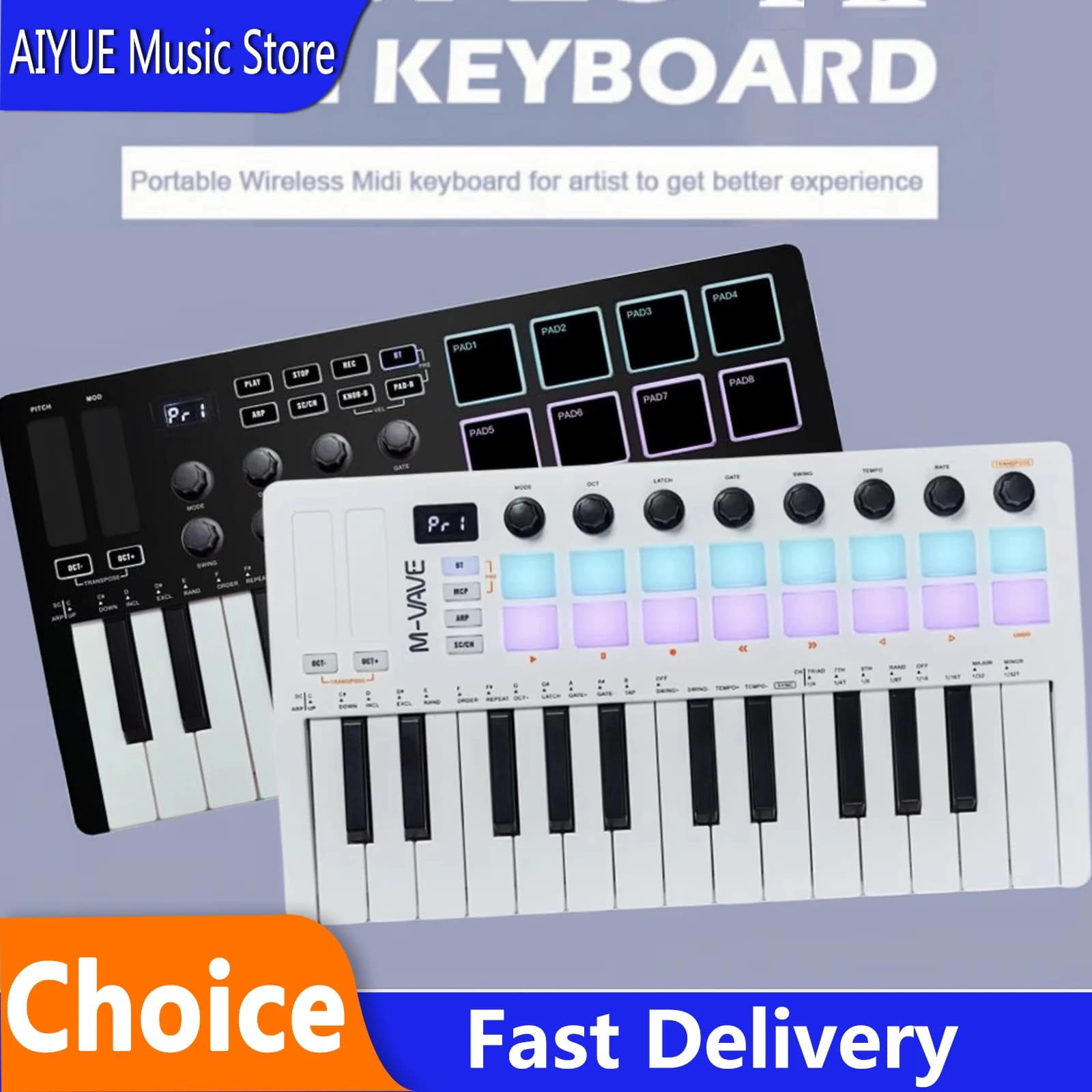 Controller MIDI M-VAVE SMK-25 II con tastiera USB mini a 25 tasti, 16 pad RGB per batteria, 8 manopole e software per la produzione musicale incluso.
