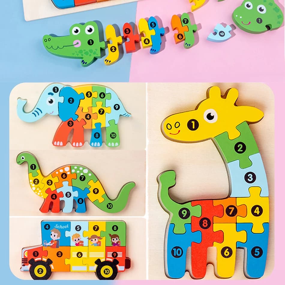 Puzzle 3D in Legno con Numeri e Animali, Giocattolo Educativo per Bambini, Apprendimento del Conteggio, Abilità Motorie Fini, Sicuro e Non Tossico