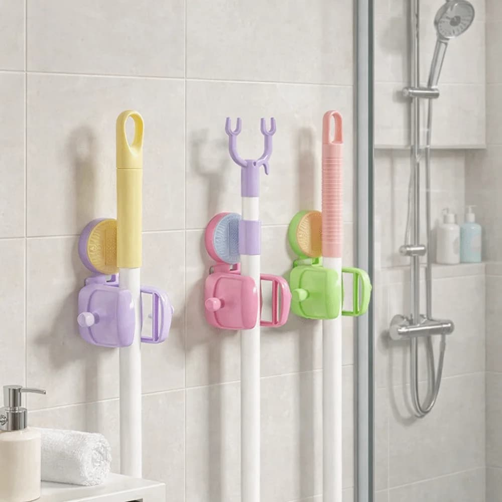 Durable Dopamine Suction Cup Mop Holder Wall mounted Space Saving Mop Broom Holder Punch Free with Hook Broom Hanger Home