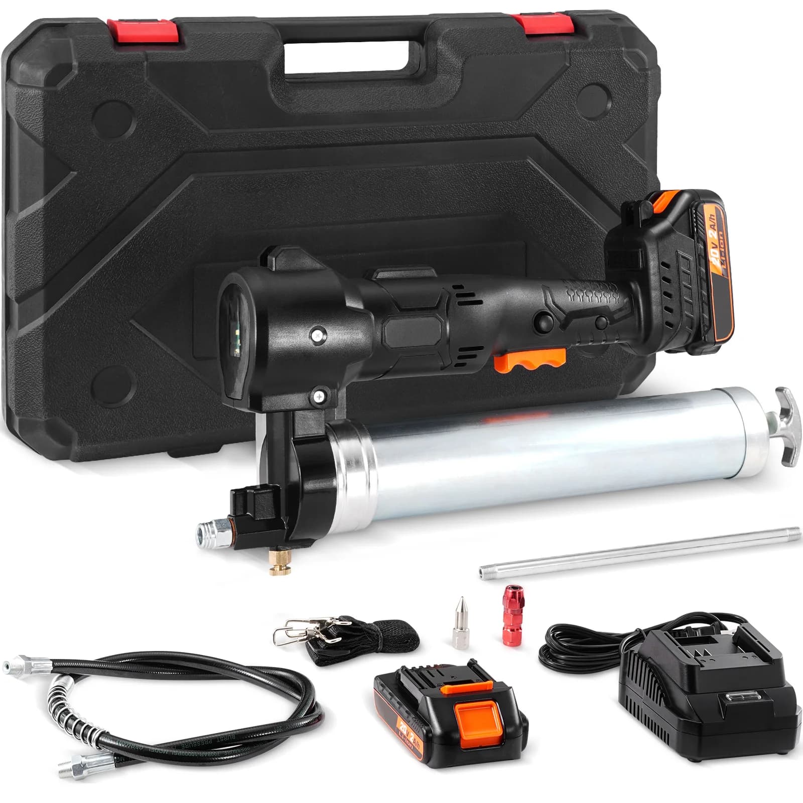 SucceBuy Kit pistola per grasso elettrica a batteria da 20 Volt da 10000 PSI Alimentato a batteria con 2 batterie Caricatore per custodia da trasporto incluso