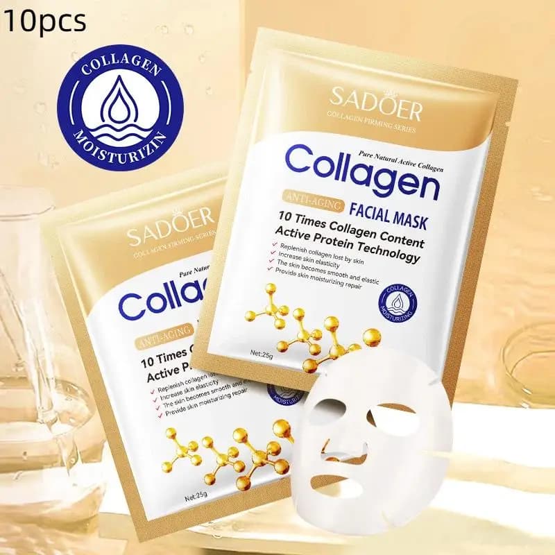 10 pieces SADOER Face mask in collagen fabric, firming, moisturizing, nourishing, for daily facial care