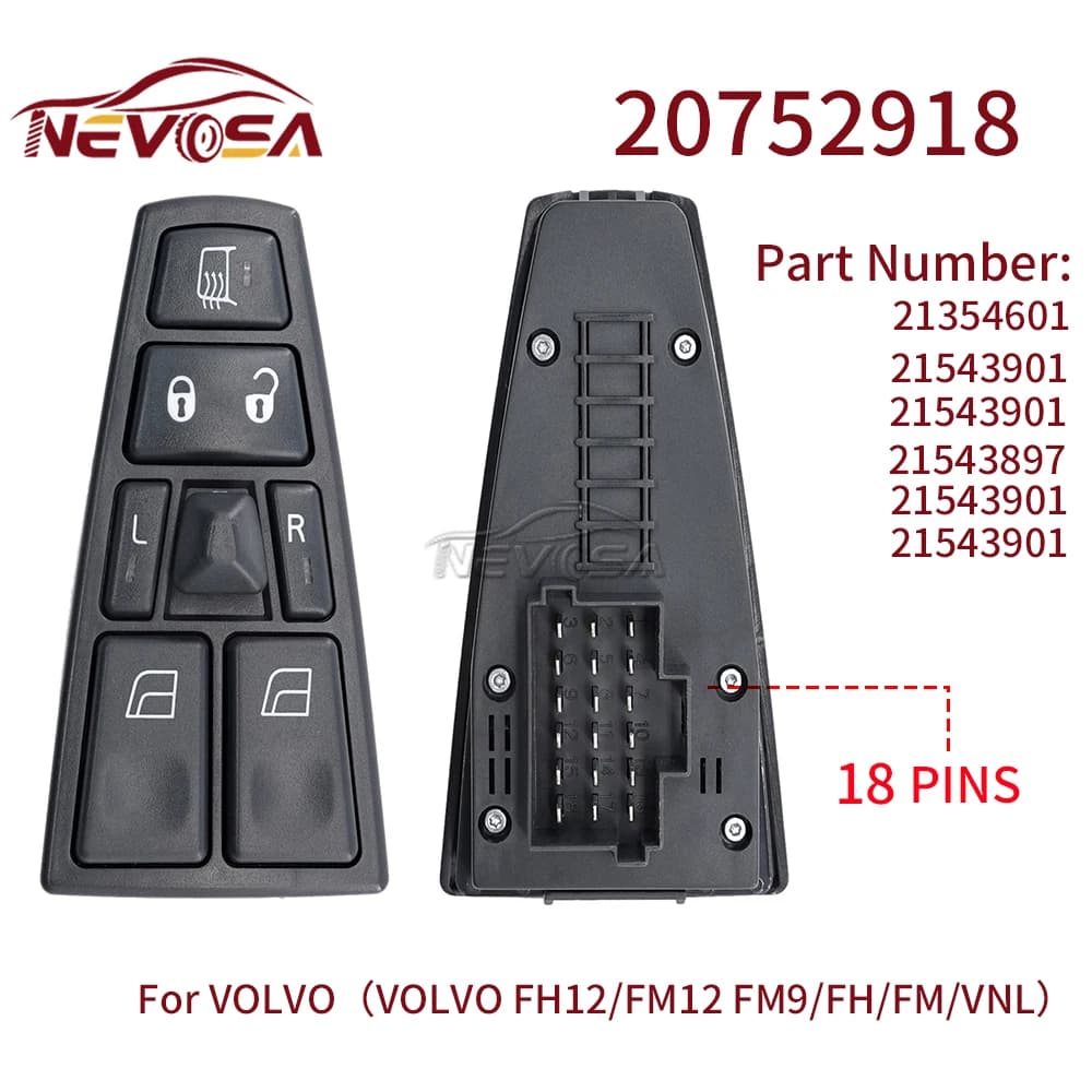 NEVOSA per Volvo Truck FH12 FM VNL FM12 FM9 VN VNL VNM interruttore alzacristallo elettrico sollevatore interruttore principale controllo 20752918 20752919 24V