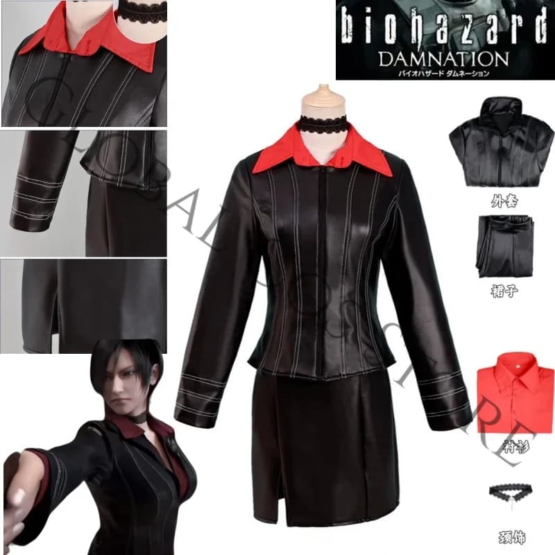 Ada Wong Cosplay Black PU Costume red Skirt Black Faux Leather Jacket Skirt Biohazard Resident Damnation for halloween party