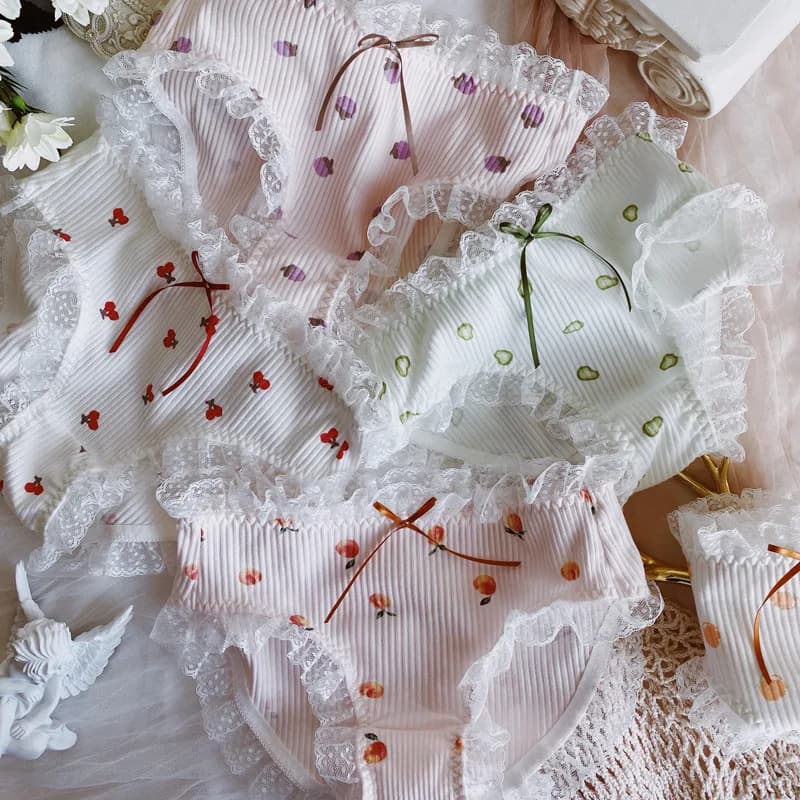 Mutandine in cotone con stampa di frutta e bordo in pizzo, intimo da donna per studentesse, a vita media, comode, traspiranti, antibatteriche
