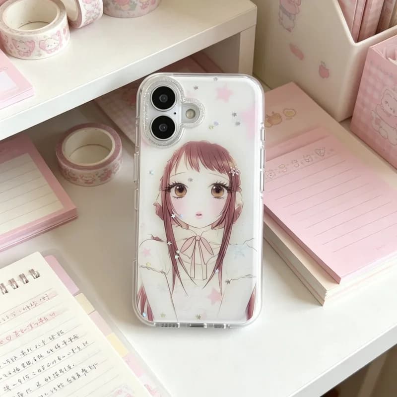 Y2K Pastel Anime Girl Glitter Clear Phone Case For iPhone 17 Air 16 15 14 13 12 11 Pro XR XS X 7 Max Luxuy Ins Shockproof Cover