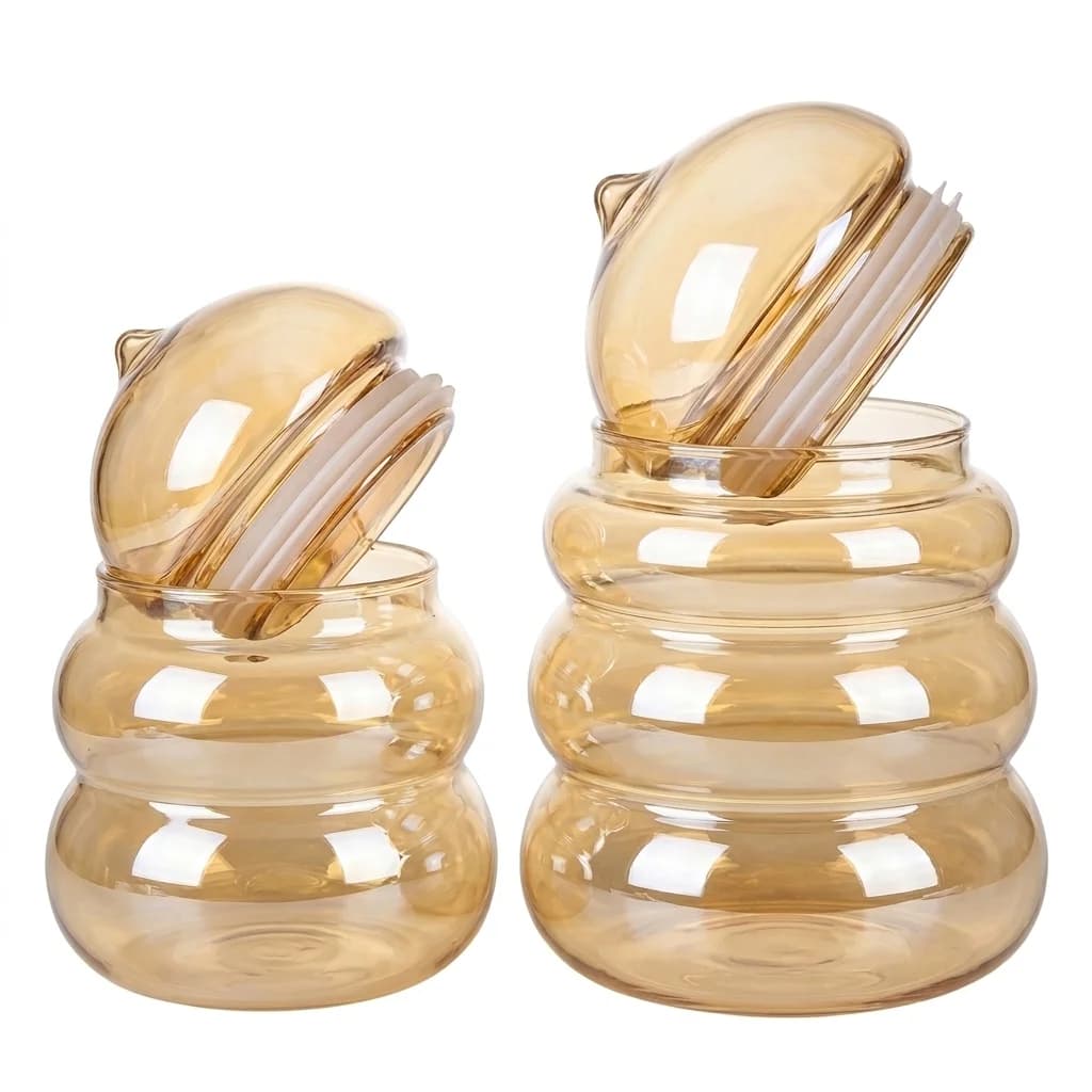 Amber Gourd‑Shape Glass Storage Jar With Bee‑Shaped Lid Airtight Sealed Canister for Candy Spice Dry Food Kitchen Countertop Con