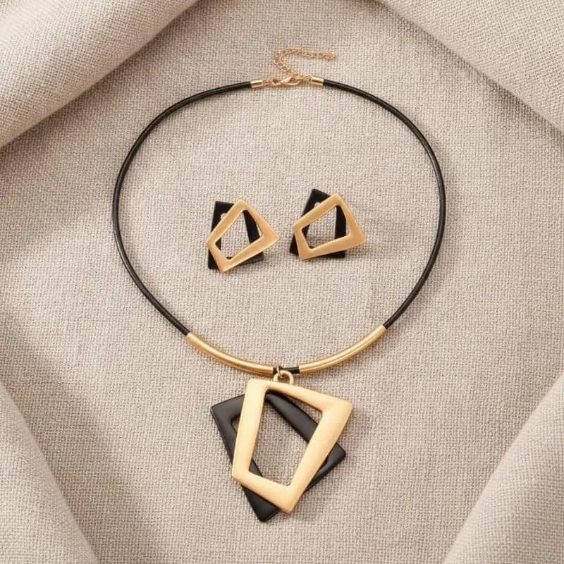 Gold Black Geometric Jewelry Set With Hollow Pendant Necklace Matching Earrings